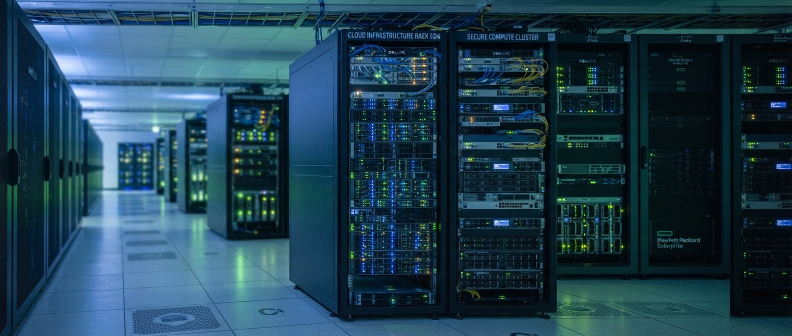 Cloud infrastructure and server racks in a data center