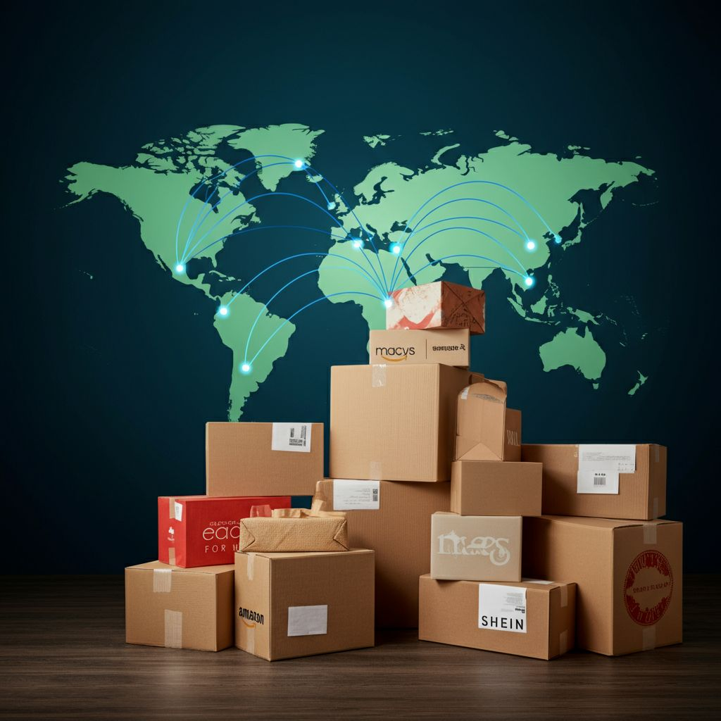 Shipping parcels in front of a world map connecting global markets